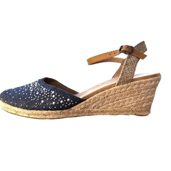 White Mountain Navy Denim Espradilles Wedge Beaded Metallic Sandals NWOB Size 8 - Picture 2 of 8